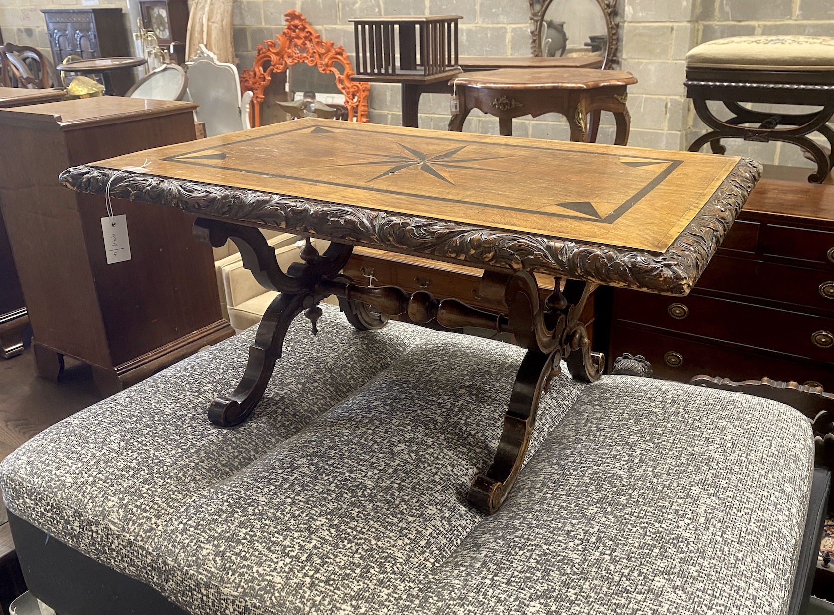 A Victorian rectangular parquetry inlaid walnut low occasional table, adapted, width 93cm, depth 61cm, height 43cm